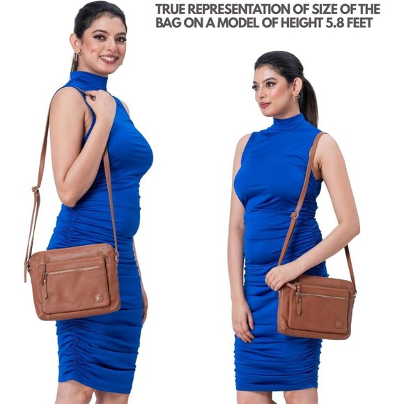 Women Cognac Imported Leather Polyester Crossbody Sling Shoulder Crossover Bag - Picture 2 of 6